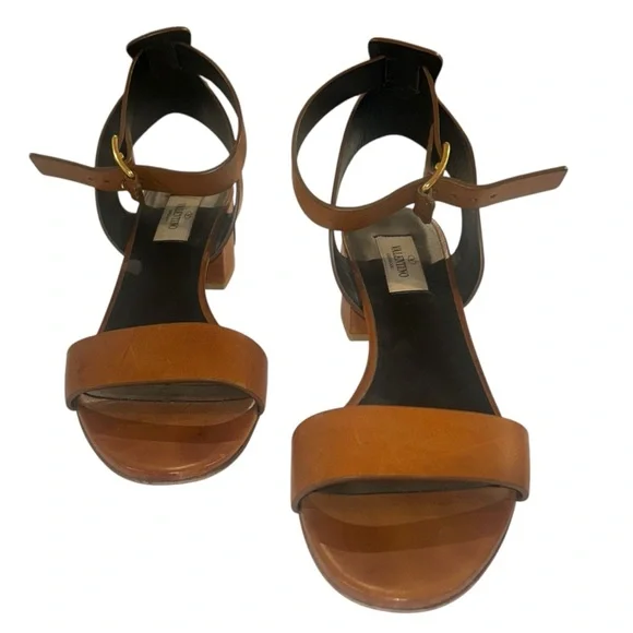 Valentino Garavani Leather Ankle Strap Embossed V Logo 2 Block Heel Sandals